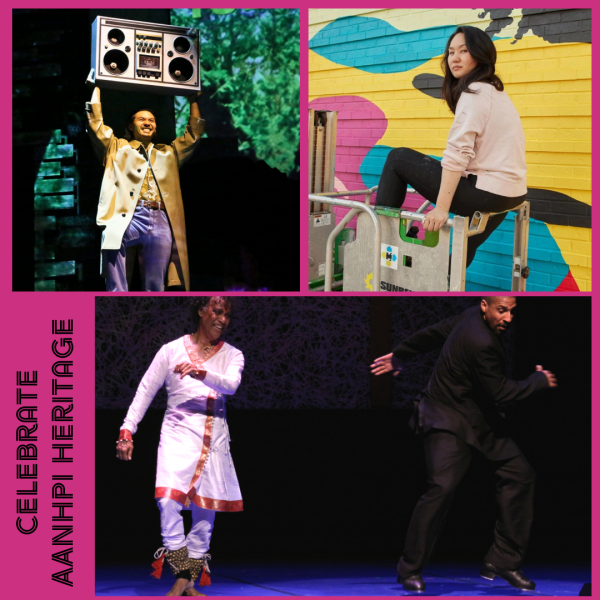 a collage of photos of an Asian American man holding a boom box over his head, an Asian American woman sitting on a cherry picker to paint a mural, and a South Asian man dancing rhythmically with a Black man 