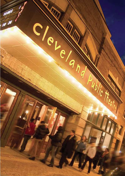 Photo of the Cleveland Public Theater marquee at night