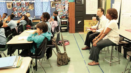 Principal Ron Gubitz and actress Alfre Woodard observe a class at Batiste Cultural Arts Academy. Woodard is the school's designated Turnaround artist. Photo courtesy of PCAH