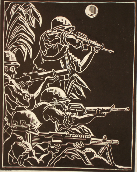Woodcut of four soldiers holding rifles with the moon shining on them.