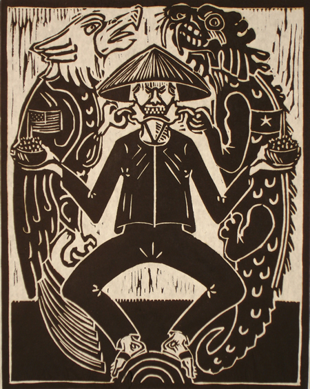 Woodcut of Vietnamese man with straw hat and black clothes holding a bowl of rice with a US flag in it in his right hand with an eagle pulling at that side of his cheek and a bowl of rice with a Chinese flag in it in his left hand with a dragon pulling at