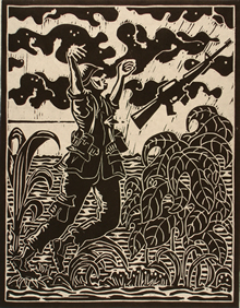 Woodcut of soldier being shot with arms outstretched and his rifle flying from his hands surrounded by bushes and high grass.