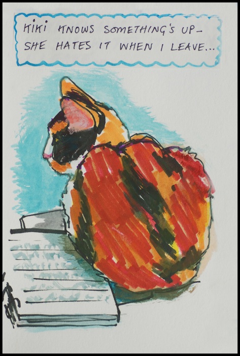 Watercolor of a calico cat next to some handwritten pages