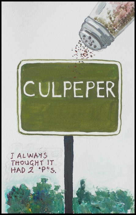 A highway sign that says "Culpeper" with a pepper shaker sprinkling it on the upper right of the page.
