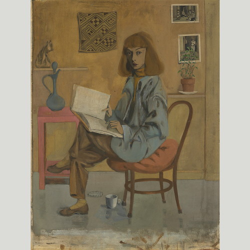 Painting of woman sitting by a desk