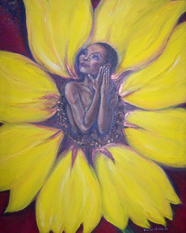 Woman blooming from yellow flower