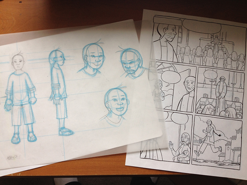 Draft drawings of a graphic novel.