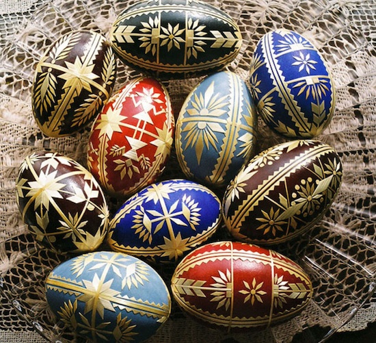 several multicolored eggs decorated in the traditional Slovak style