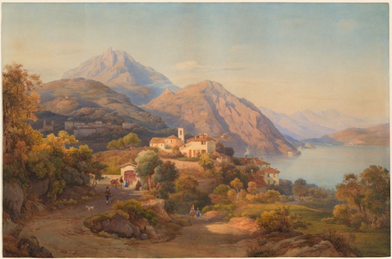 Bucolic painting of a lake and small white, red-roofed houses against a mountain backdrop