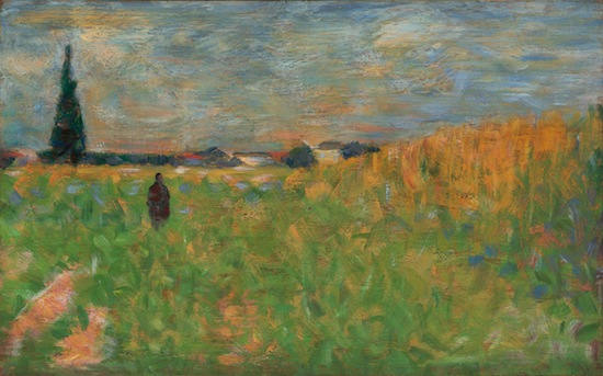 Impressionistic pastoral landscape with green and yellow fields, blue and yellow sky with a dark figure in the distance and a single tall tree
