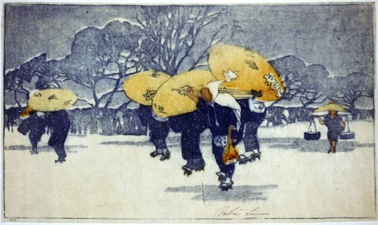 Primarily blue-and-white Asian woodcut of people walking through snow with yellow umbrellas