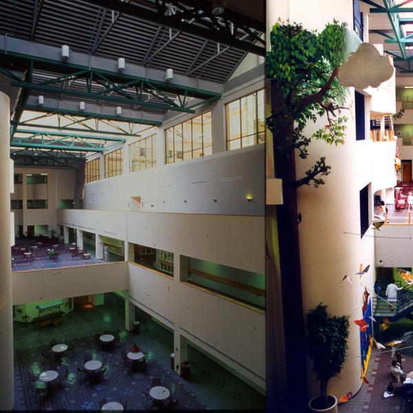 Two photos of a section of the hospital before and after redesign.
