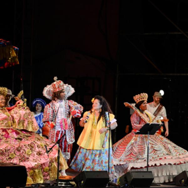 Bands playing maracatu music on stage at Lincoln Center.