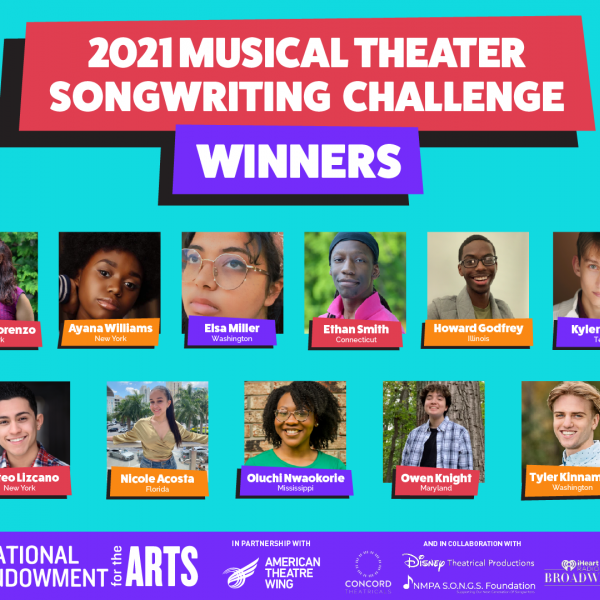 Graphic with 13 photos of young adults who won a songwriting contest