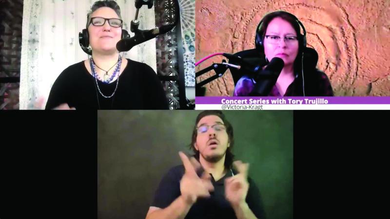 Video meeting with two women wearing glasses and headphones and one man below them doing ASL.