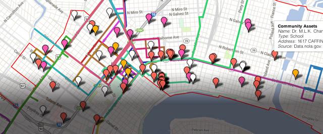 Digital street map with different colored place markers