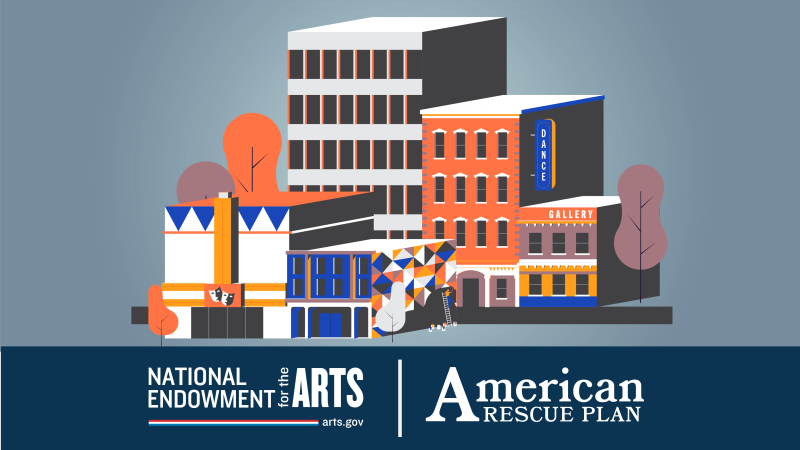 Drawings of performing arts buildings with NEA logo and text reading American Rescue Plan at the bottom