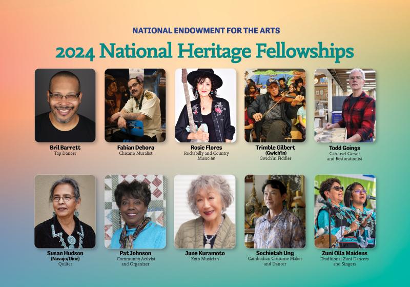 collage of 10 artists announcing the 2024 NEA National Heritage Fellowships