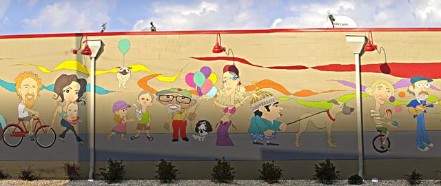 mural wall with cartoon representations of a parade of people doing every day activities like walking the dog, riding bikes, playing music