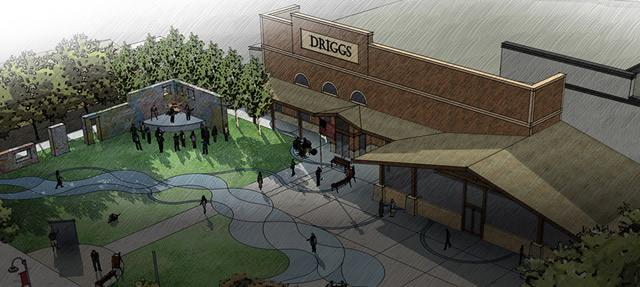 Artist rendering of a new plaza and community center
