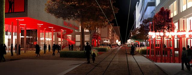 Artist rendering of creative district with brightly lit entrances to theaters