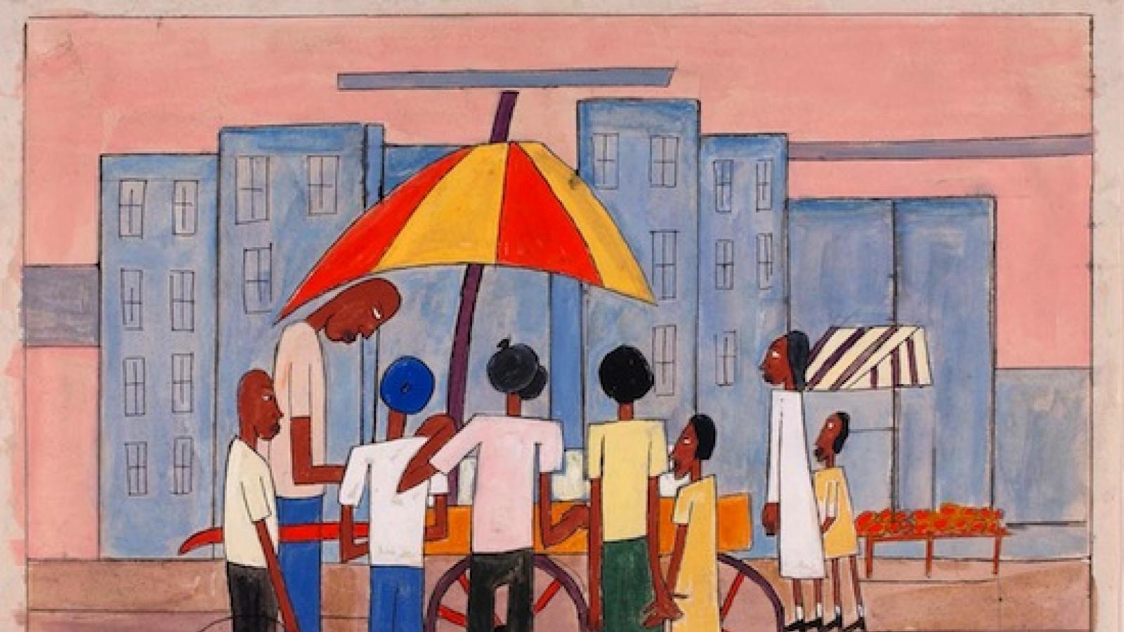 Painting of African-American children around an ice-cream cart manned by an African-American man against a background of blue skyscrapers