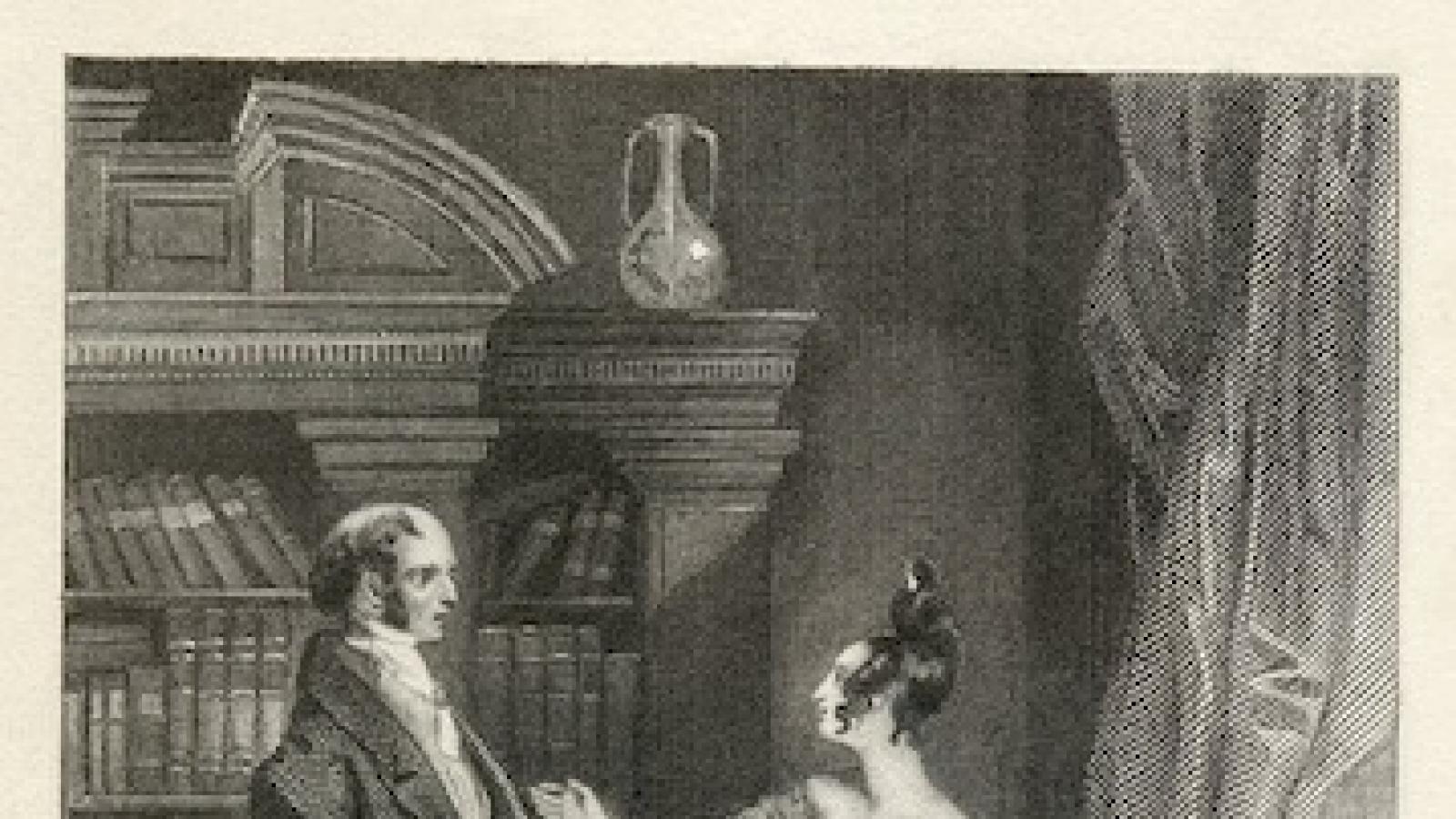 an engraving of a scene from Pride and Prejudice with Lizzie Bennett and Mr. Darcy