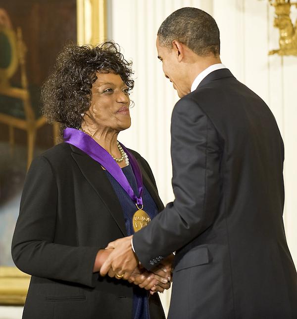 2009 National Medal of Arts recipient and soprano Jessye Norman receives her medal from President Barack Obama