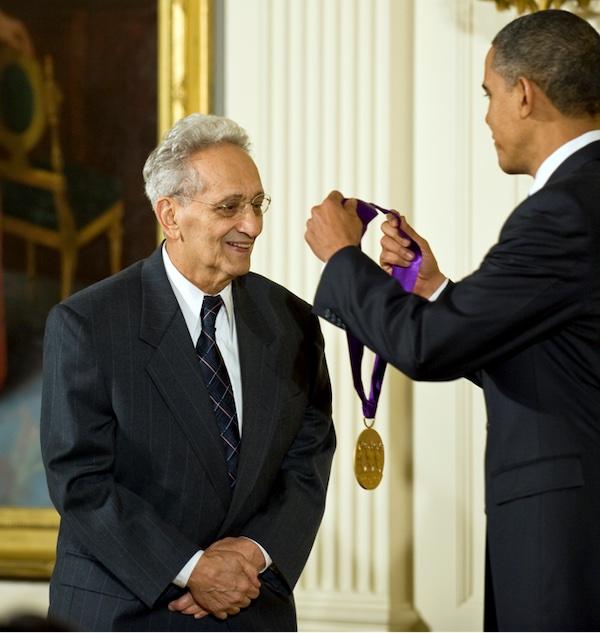 2009 National Medal of Arts recipient and painter/sculptor Frank Stella receives his medal from President Barack Obama