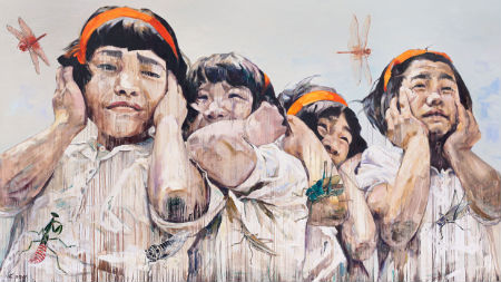 Painting of girls holding their hands over their ears in fear. 