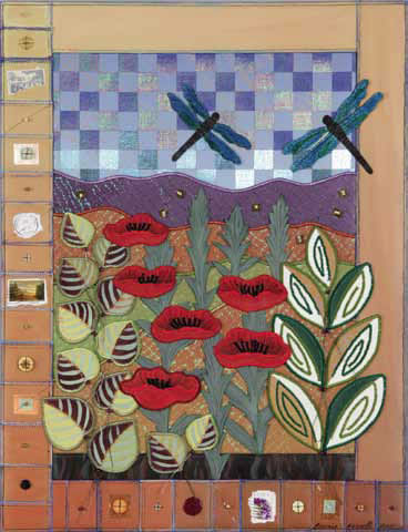 Quilter Bernie Rowell is another North Carolina artist included in HandMade in America&#039;s guidebooks and online resources; her work Poppies and Dragonflies, 2011, is shown