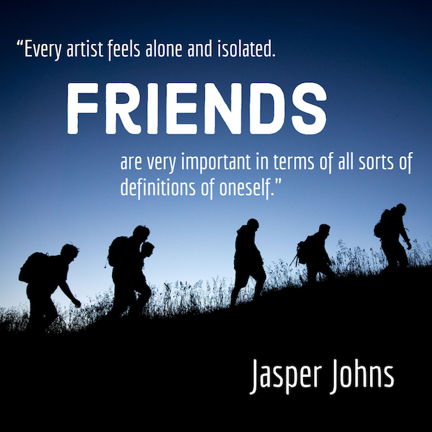 Jasper Johns quote over image of a group of people hiking up a hill