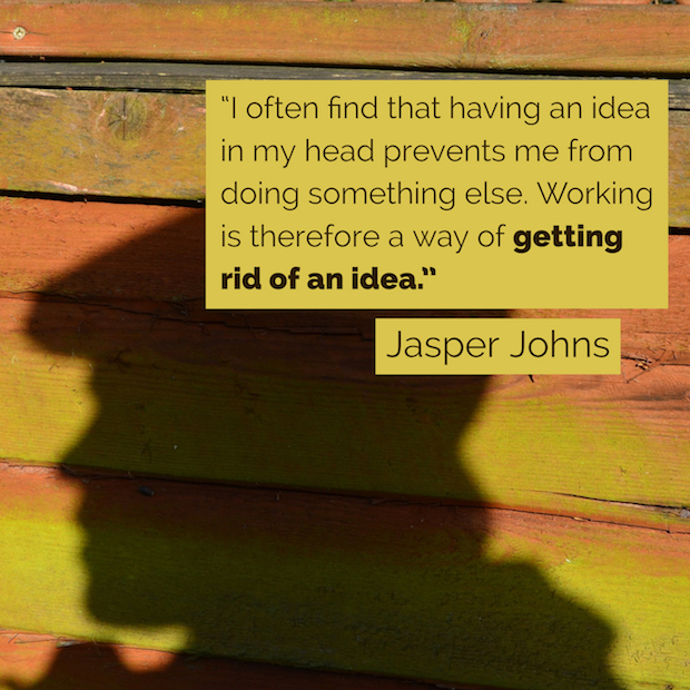 Jasper Johns quote over photo of shadow of man's head against ochre colored boards