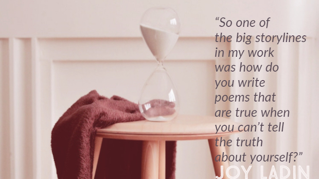 photo of an hourglass and piece of fabric on a stool with quote by Joy Ladin