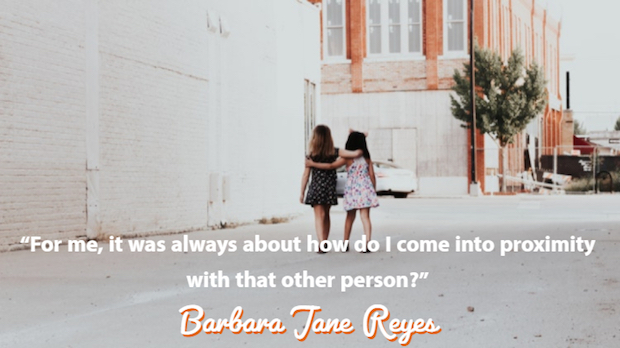 photo of the backs of two young girls as they walk together with quote by Barbara Jane Reyes