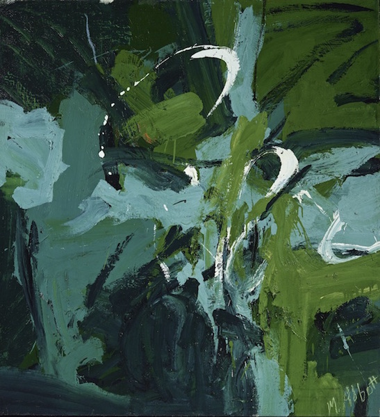 an abstract expressionist work by Mary Abbott in shades of green and blue