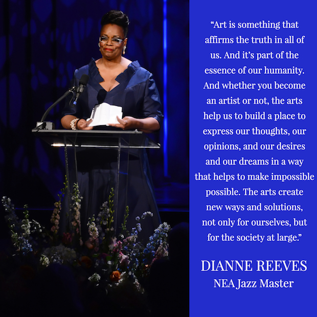 Diptych of photo of Dianne Reeves from Jazz Masters concert with her quote