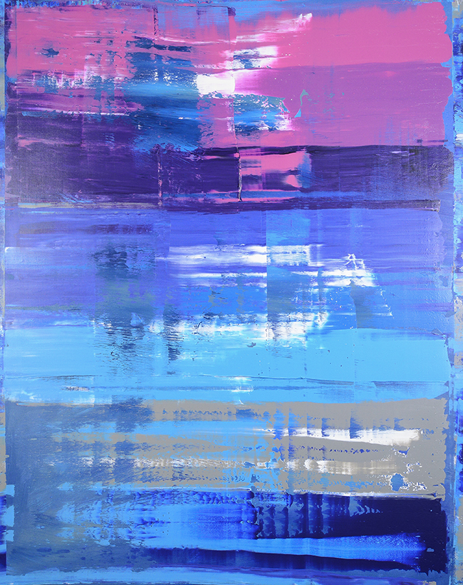 An abstract painting made up of pinks grays and blues