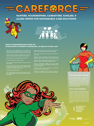 Poster with cartoon figures with information about domestic workers' rights. 