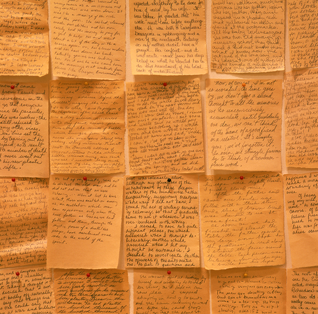 Squares of yellow paper covered in handwritten notes