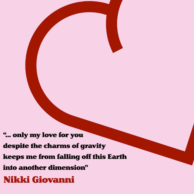 A red open heart tilted on its side against a pink background seems to drift off the top of the page. The quote is in black and the author's name in red on the lower left of the image