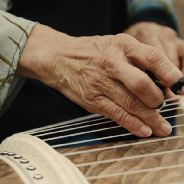 Close up of hand plucking koto strings