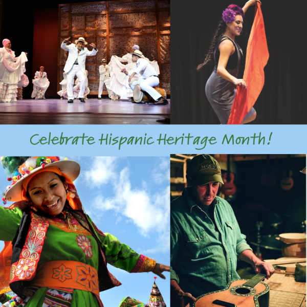 a collage of photos of bomba and plena dancers with Heritage Fellow Modesto Cepeda, dancer Vanessa Sanches performing in a field, luthier Mauel Delgado with one of his handcrafted guitars, a dancer in traditional Bolivian wear at an outdoor festival