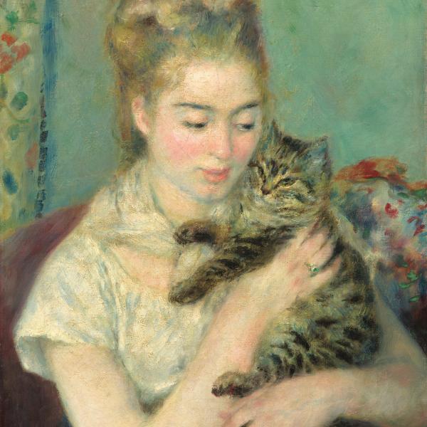 Soft pastel colored portrait of a white woman holding a tabby cat