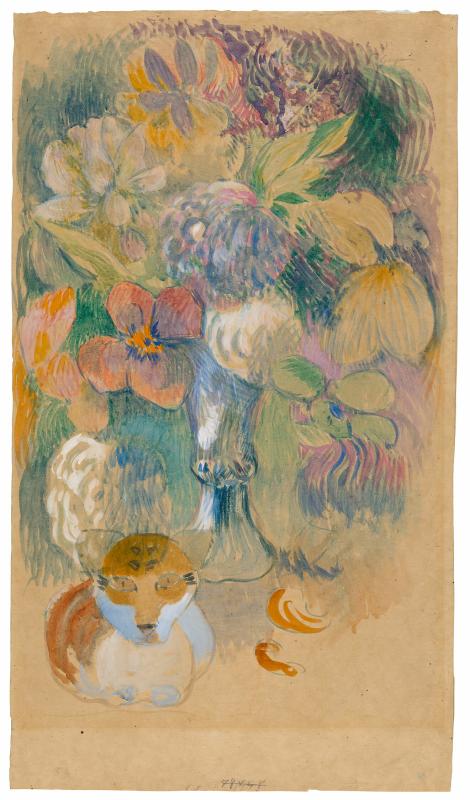 Pastel drawing of orange cat with flowers