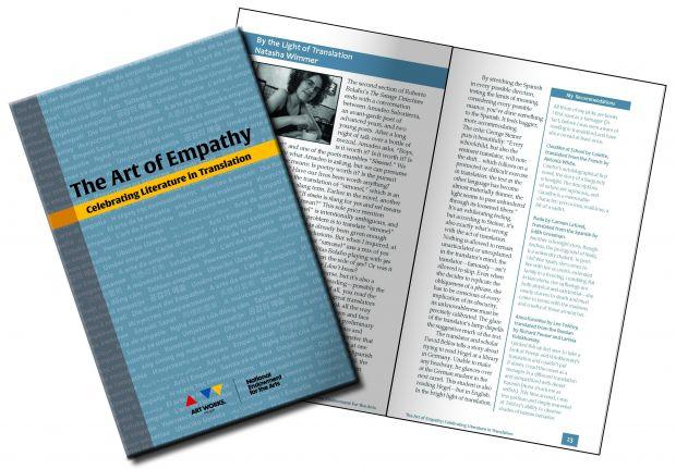 Cover of The Art of Empathy publication on top of a spread of the interior of the book. 