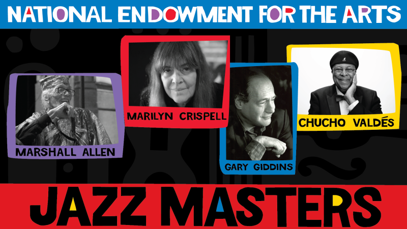 Photos of the 2025 Jazz Masters arranged in a collage with purple, red, blue, and yellow rectangles around the photos. Text reads National Endowment for the Arts Jazz Masters