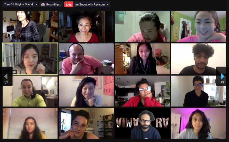 A screen shot of a digital meeting with boxes of faces. 