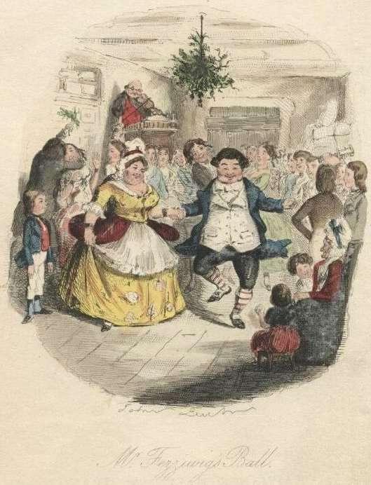 19th century hand colored illustration of a rotund couple dancing under mistletoe while others look on