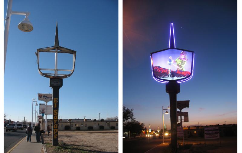 Side by side photos of the same roadside sign. In one photo the sign is empty, in the other it has an artwork of a young girl. 